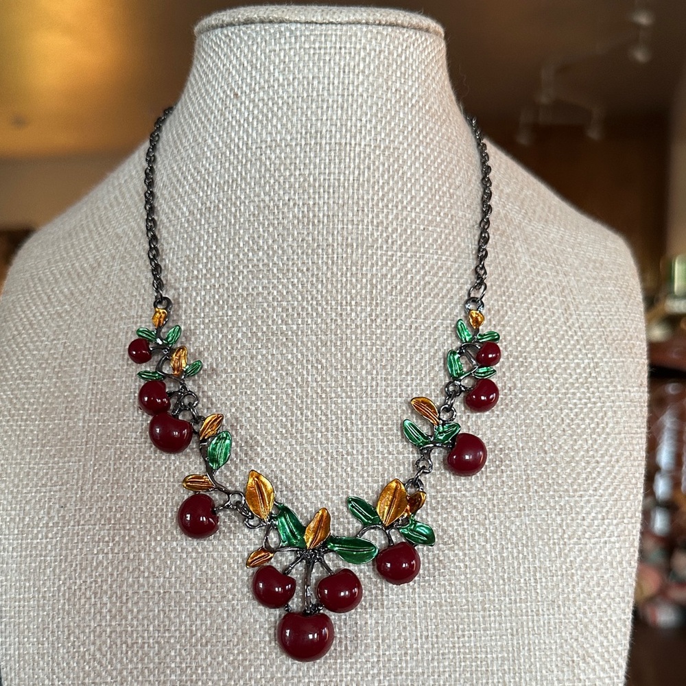 Betsey Johnson Cherry Necklace with Red, Green, and Gold Accents